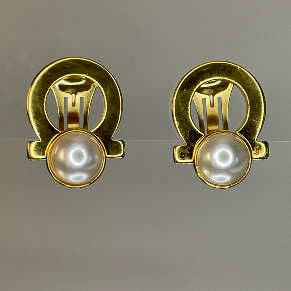 Salvatore Ferragamo Gancini Pearl Gold Tone Earrings